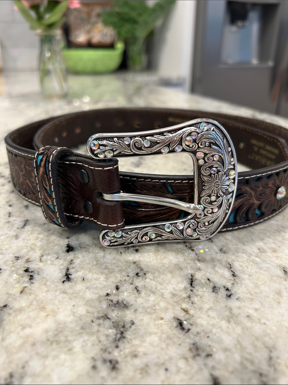 Ariat Brown Leather Belt with Turquoise Accents & Ornate Silver Buckle - Picture 2 of 7